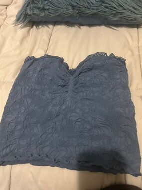 Lace Strapless Bandeau Top in Dusty Blue